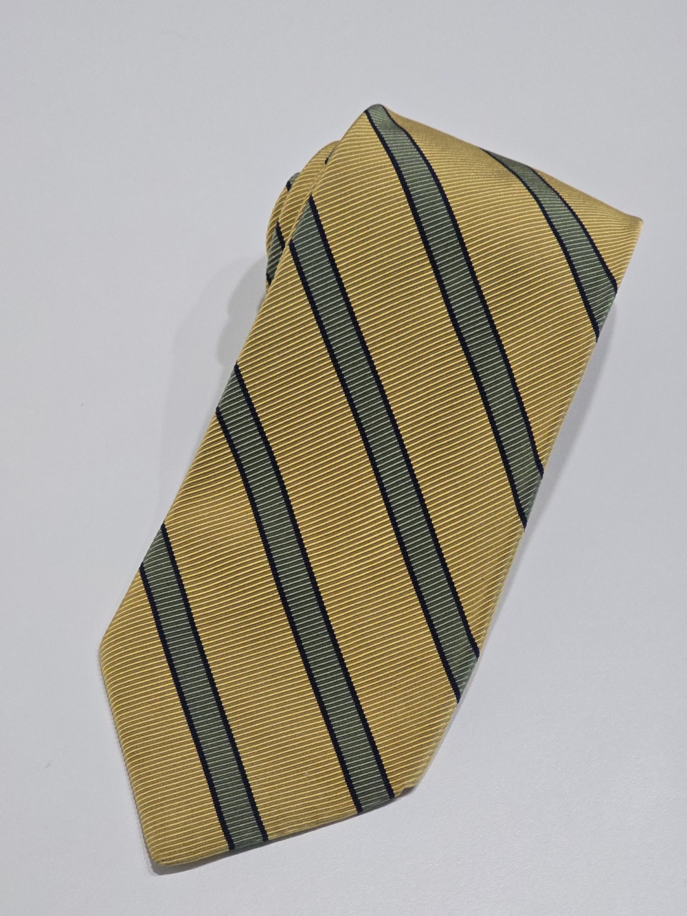 Hickey Freeman Repp Tie Silk Cotton Blend Yellow Gold Green Navy Stripe USA